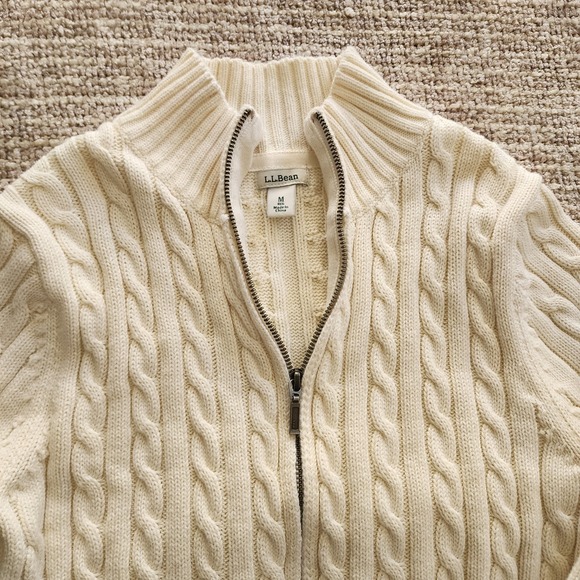L.L.Bean Women's Beige Cable-Knit Sweater Full Zip Mock Neck Long Sleeve M - Picture 9 of 10